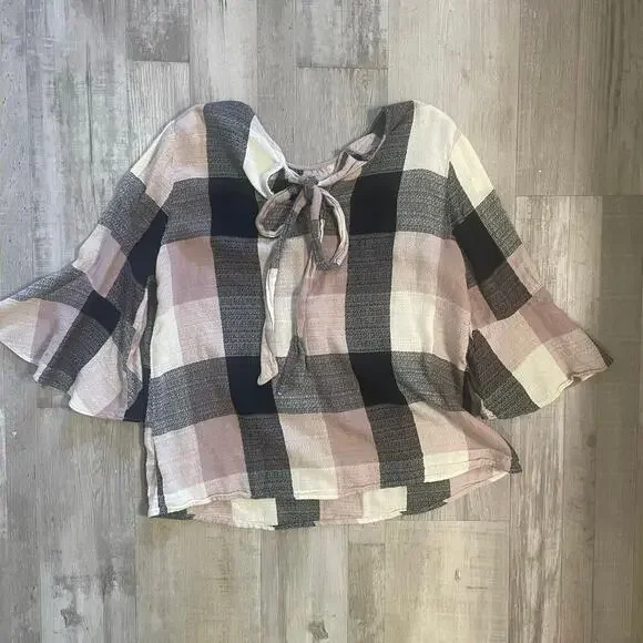 Ro & De Plaid Bell Sleeve Bow Back Blouse sz Medium - Picture 14 of 15